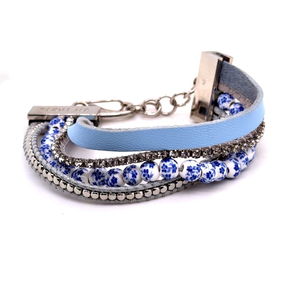 Victoria Emerson Blue Floral Bead Leather Multi Strand Boho Cuff Bracelet 7-8.25
